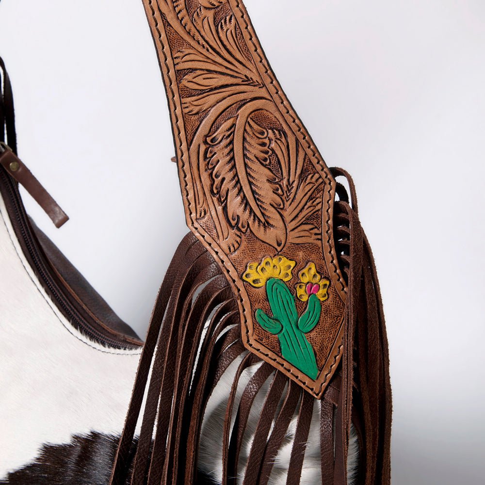 Tooled Leather Hobo Bag With Hair On Hide Western Style