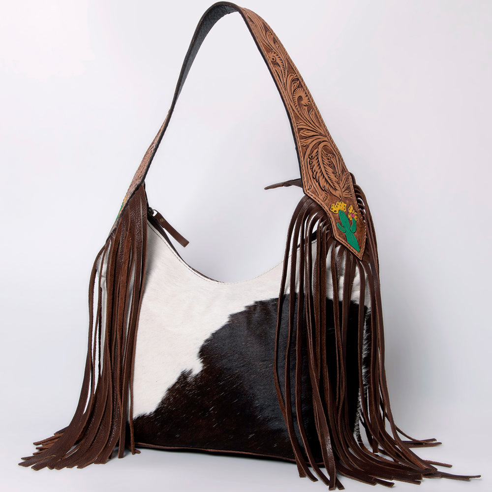 American Darling Hobo Bag for Women - Hair-On Cowhide, Hand Tooled Floral Carved Genuine Leather Shoulder Bag with Fringes