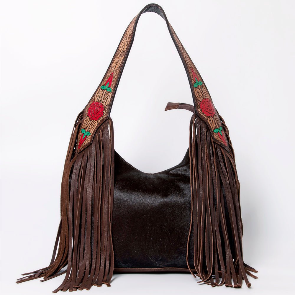 Tooled Leather Hobo Bag With Hair On Hide Western Style