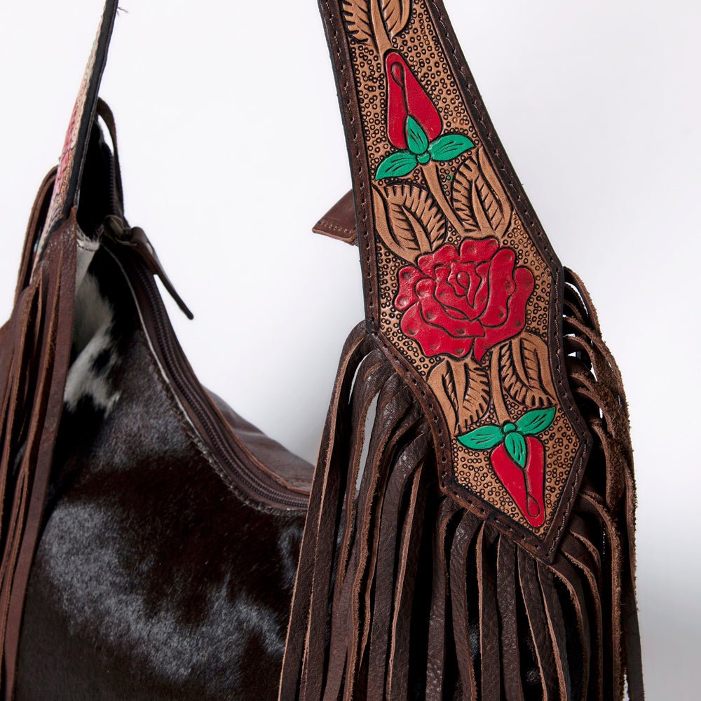 Tooled Leather Hobo Bag With Hair On Hide Western Style