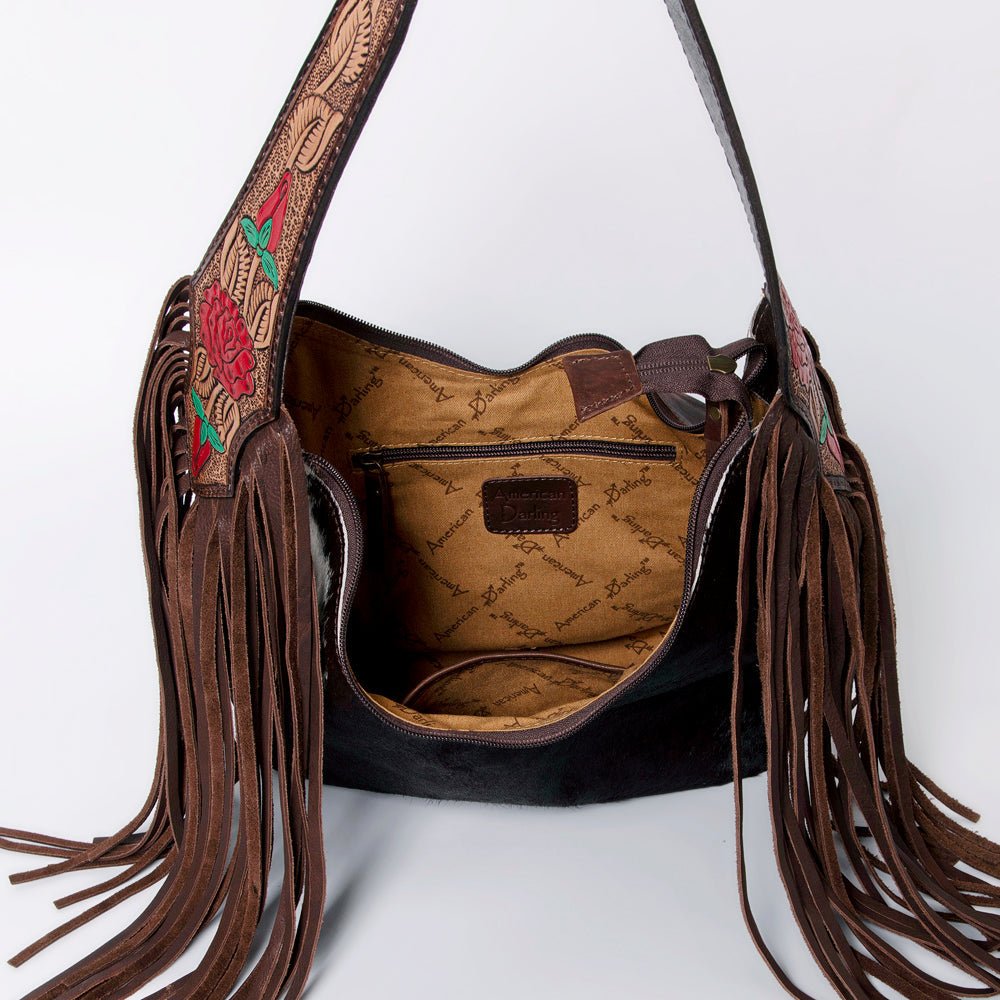 Tooled Leather Hobo Bag With Hair On Hide Western Style