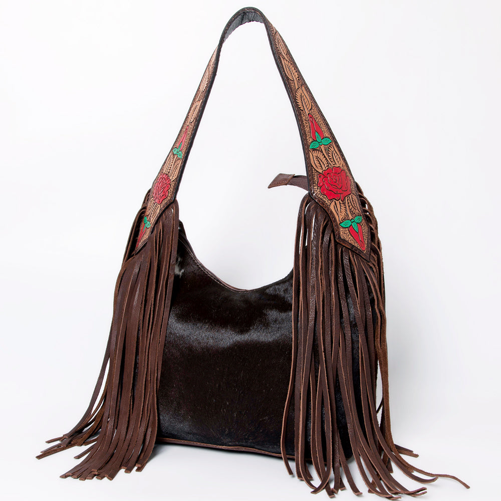 American Darling Hobo Bag for Women - Hair-On Cowhide, Hand Tooled Floral Carved Genuine Leather Shoulder Bag with Fringes