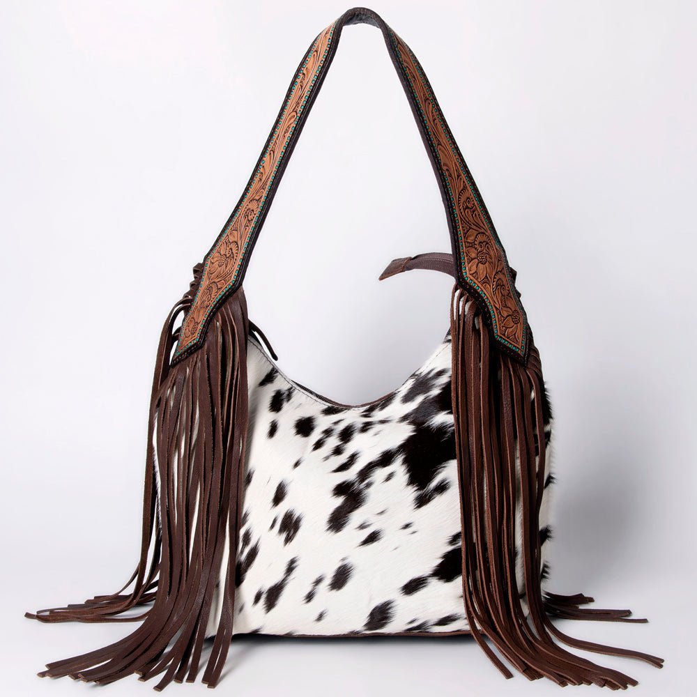 Tooled Leather Hobo Bag With Hair On Hide Western Style