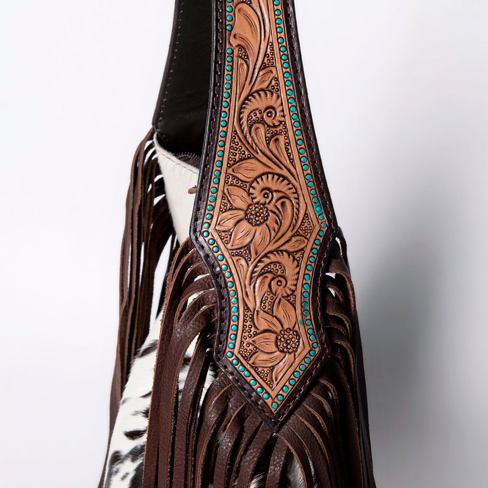 Tooled Leather Hobo Bag With Hair On Hide Western Style