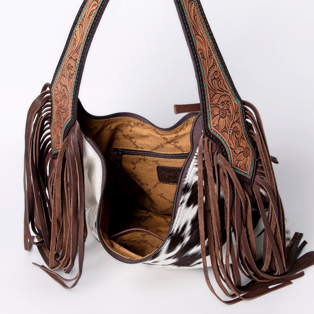 Tooled Leather Hobo Bag With Hair On Hide Western Style