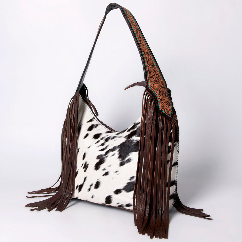 American Darling Hobo Bag for Women - Hair-On Cowhide, Hand Tooled Floral Carved Genuine Leather Shoulder Bag with Fringes