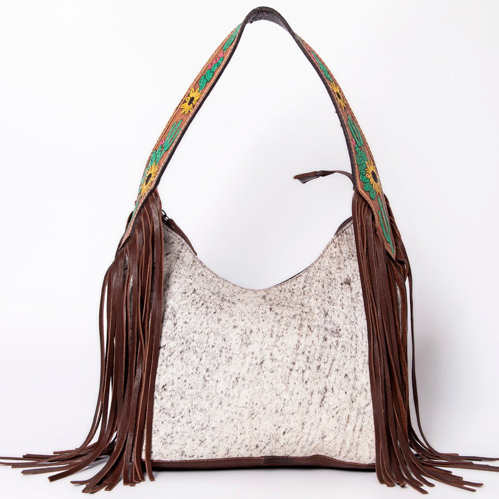 Tooled Leather Hobo Bag With Hair On Hide Western Style