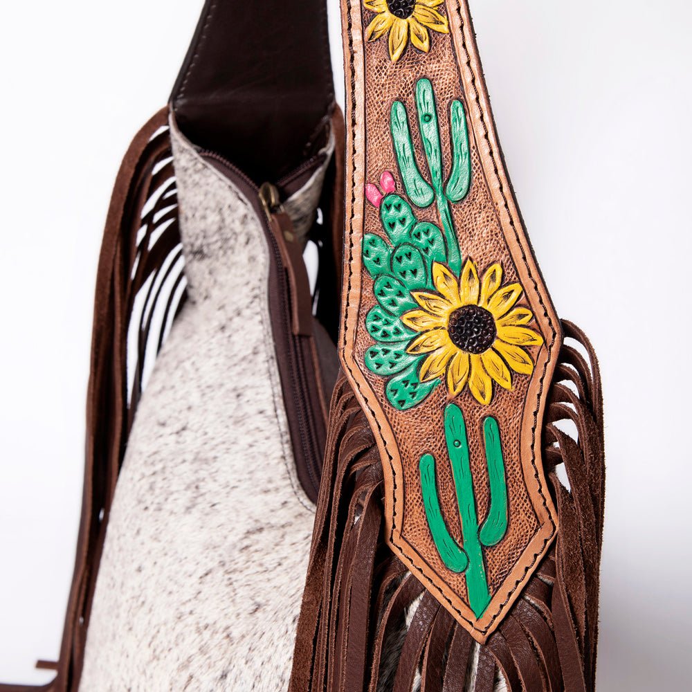 Tooled Leather Hobo Bag With Hair On Hide Western Style