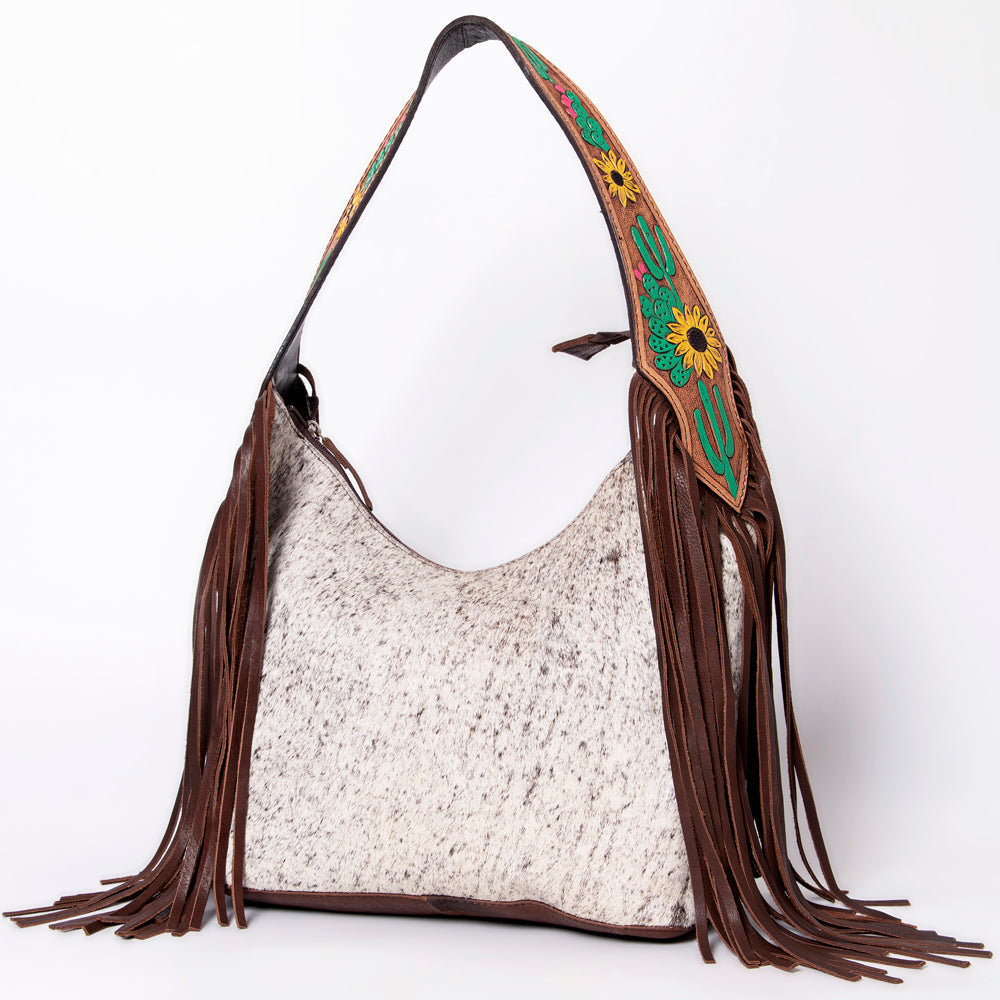 American Darling Hobo Bag for Women - Hair-On Cowhide, Hand Tooled Floral Carved Genuine Leather Shoulder Bag with Fringes