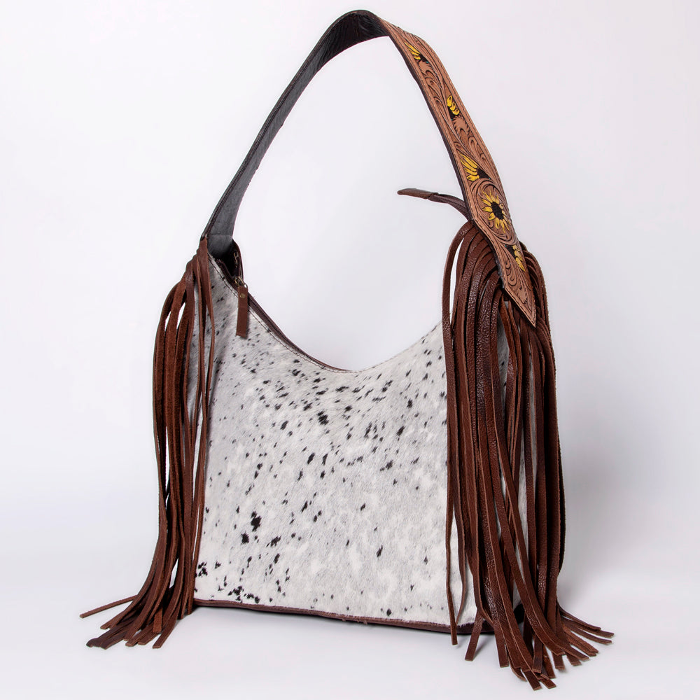 American Darling Hobo Bag for Women - Hair-On Cowhide, Hand Tooled Floral Carved Genuine Leather Shoulder Bag with Fringes