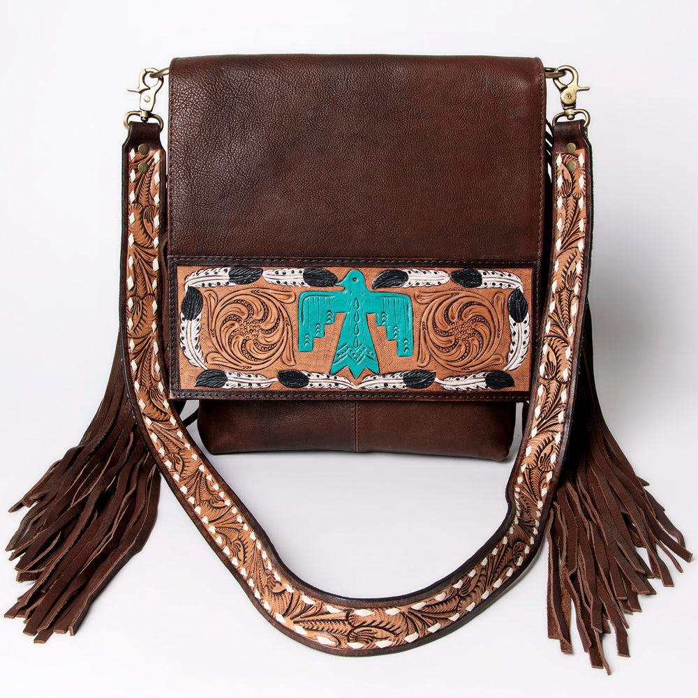 American Darling Messenger Hand Tooled Floral Carved Genuine Leather with Fringes Buck Stitched Western Accessories