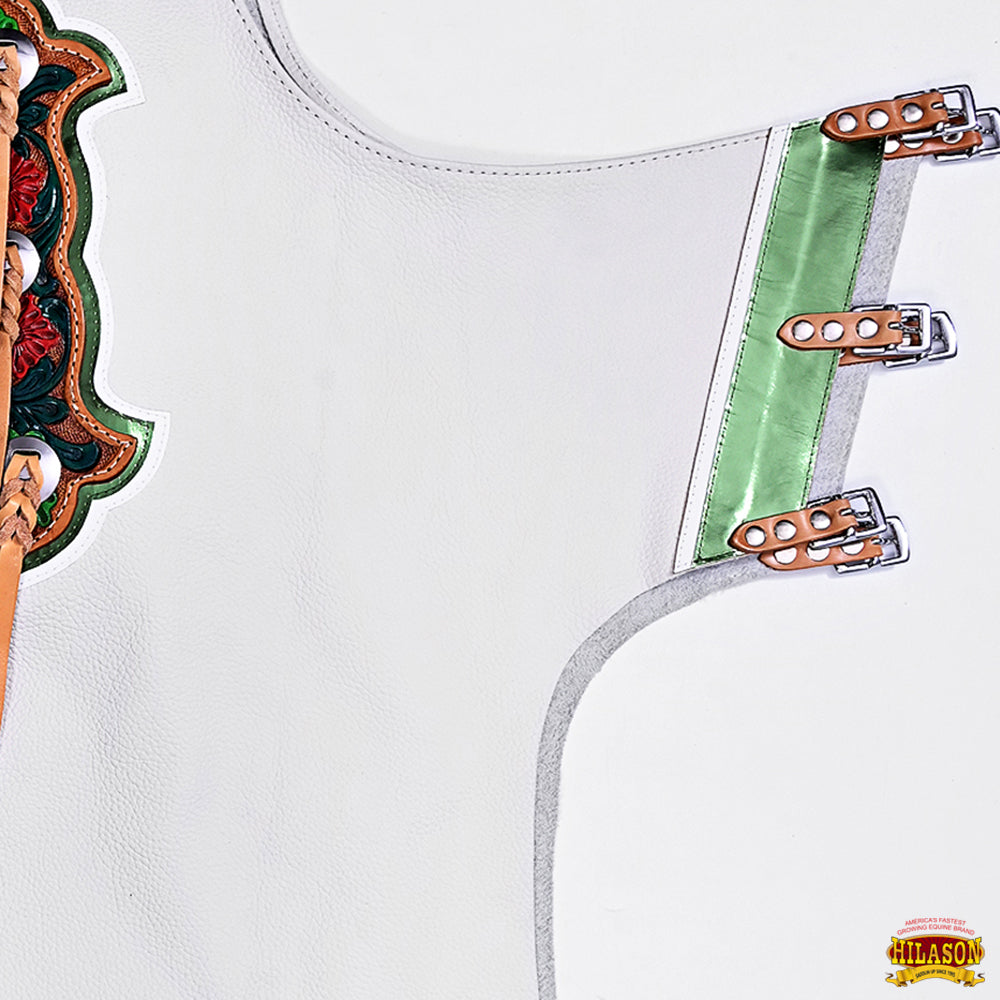 Hilason Bronc Bull Riding Genuine Leather Rodeo Western Chaps White Green