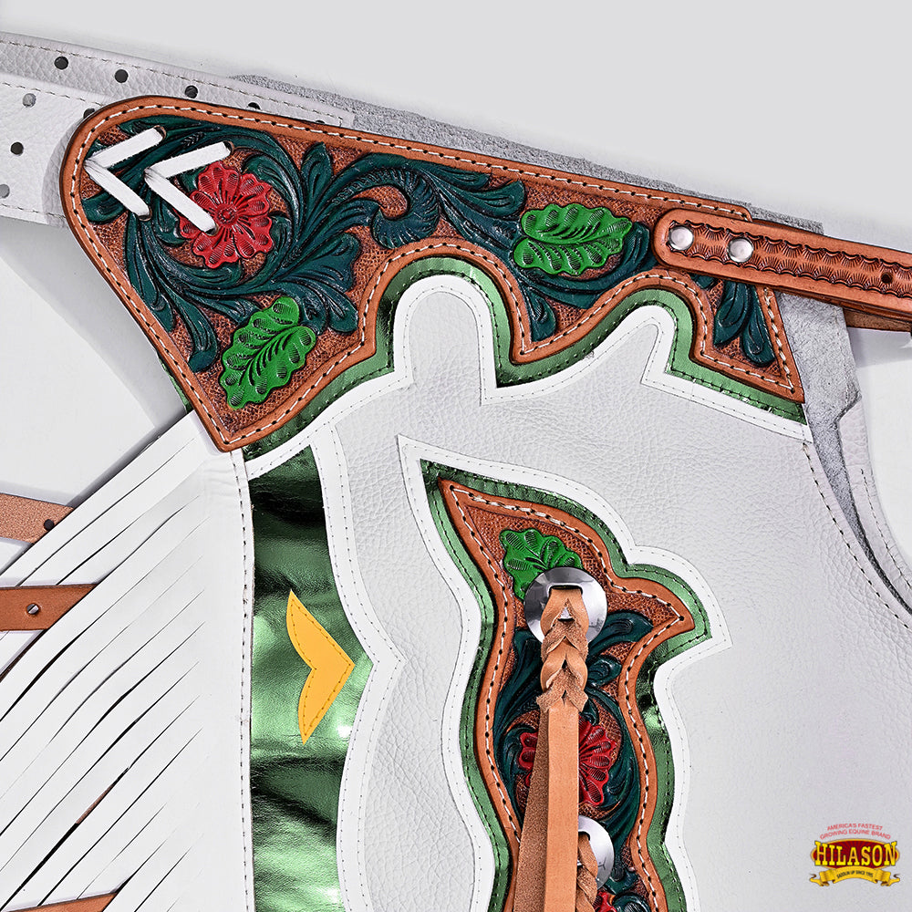 Hilason Bronc Bull Riding Genuine Leather Rodeo Western Chaps White Green