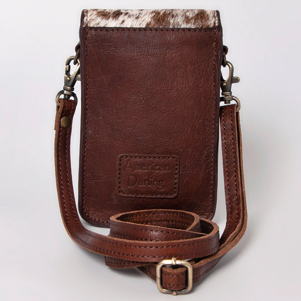 American Darling Cell Phone Holder, Hand Tooled Floral Cactus Leather, Hair-On Cowhide, Western Crossbody Phone Purse