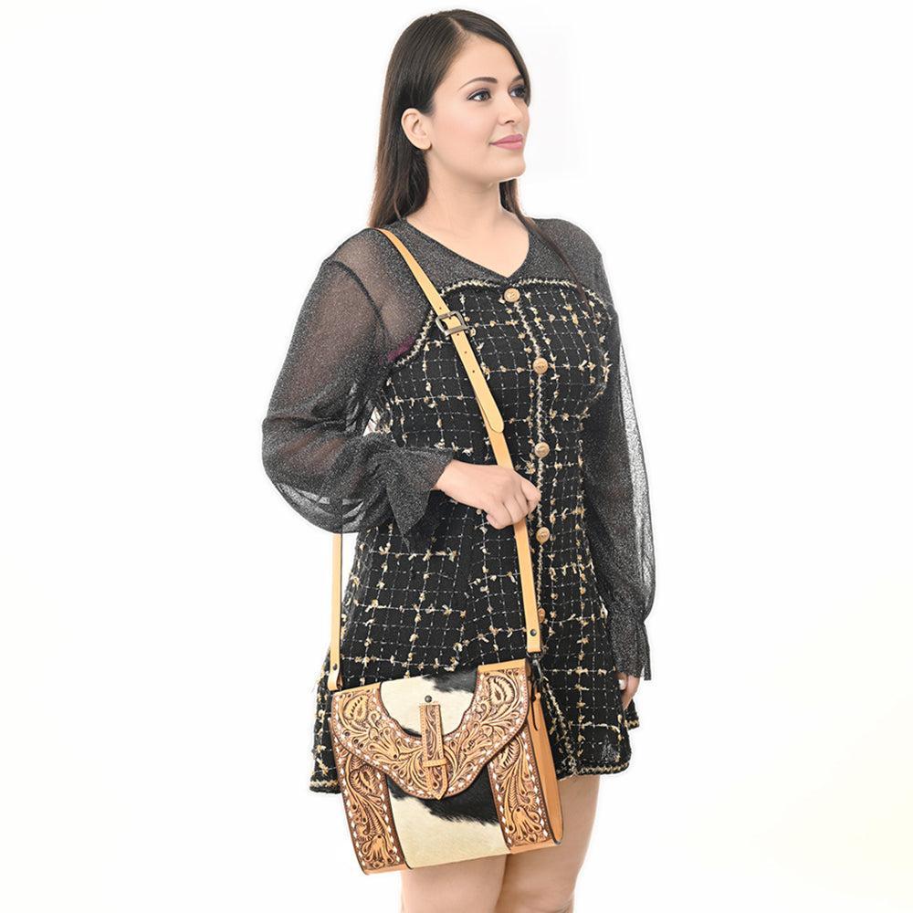 American Darling Hand-Tooled Hair-On Genuine Leather Crossbody Bag