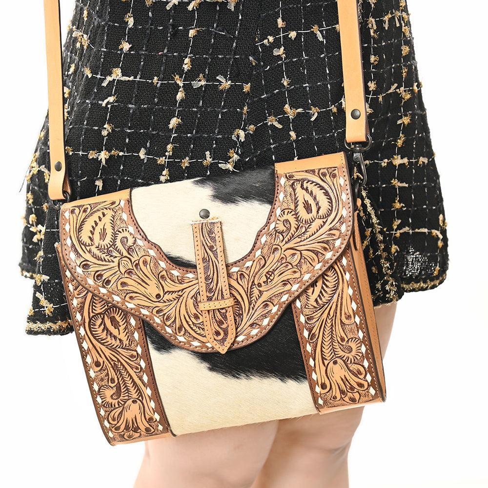 American Darling Hand-Tooled Hair-On Genuine Leather Crossbody Bag