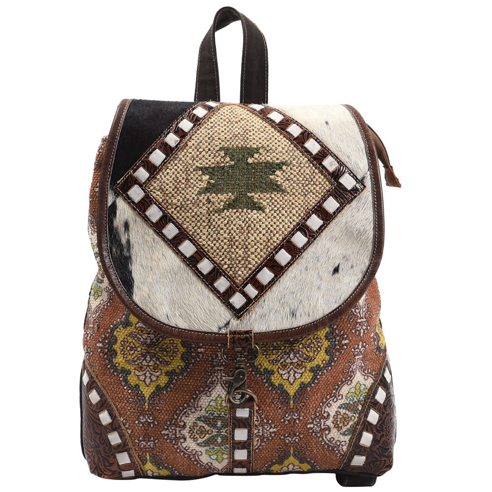 Ohlay Backpack Hand Tooled Upcycled Wool Upcycled Canvas Hair-On Genuine Leather