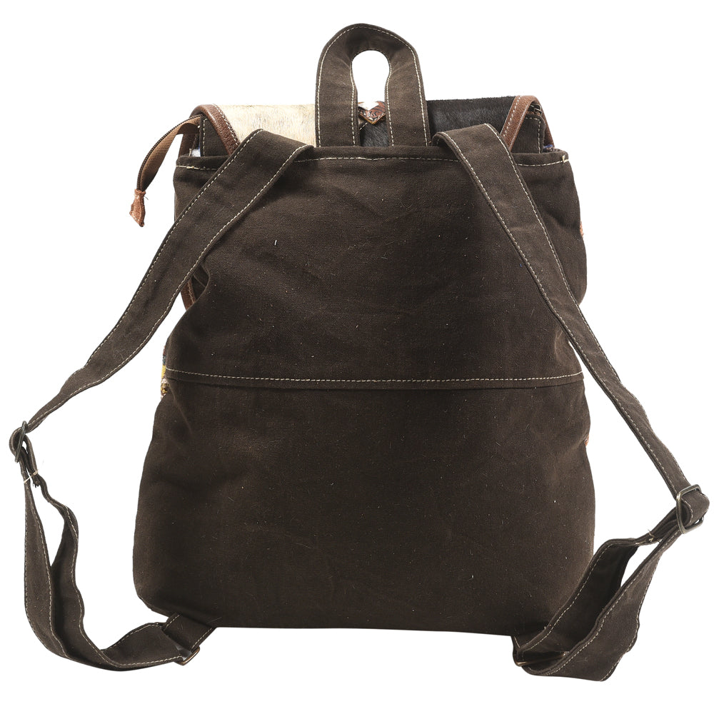 Ohlay Backpack Hand Tooled Upcycled Wool Upcycled Canvas Hair-On Genuine Leather
