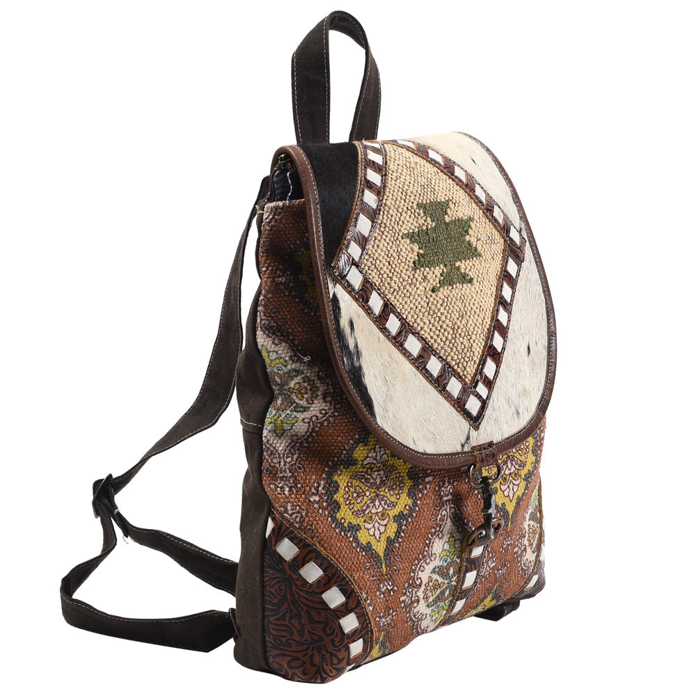 Ohlay Backpack Hand Tooled Upcycled Wool Upcycled Canvas Hair-On Genuine Leather