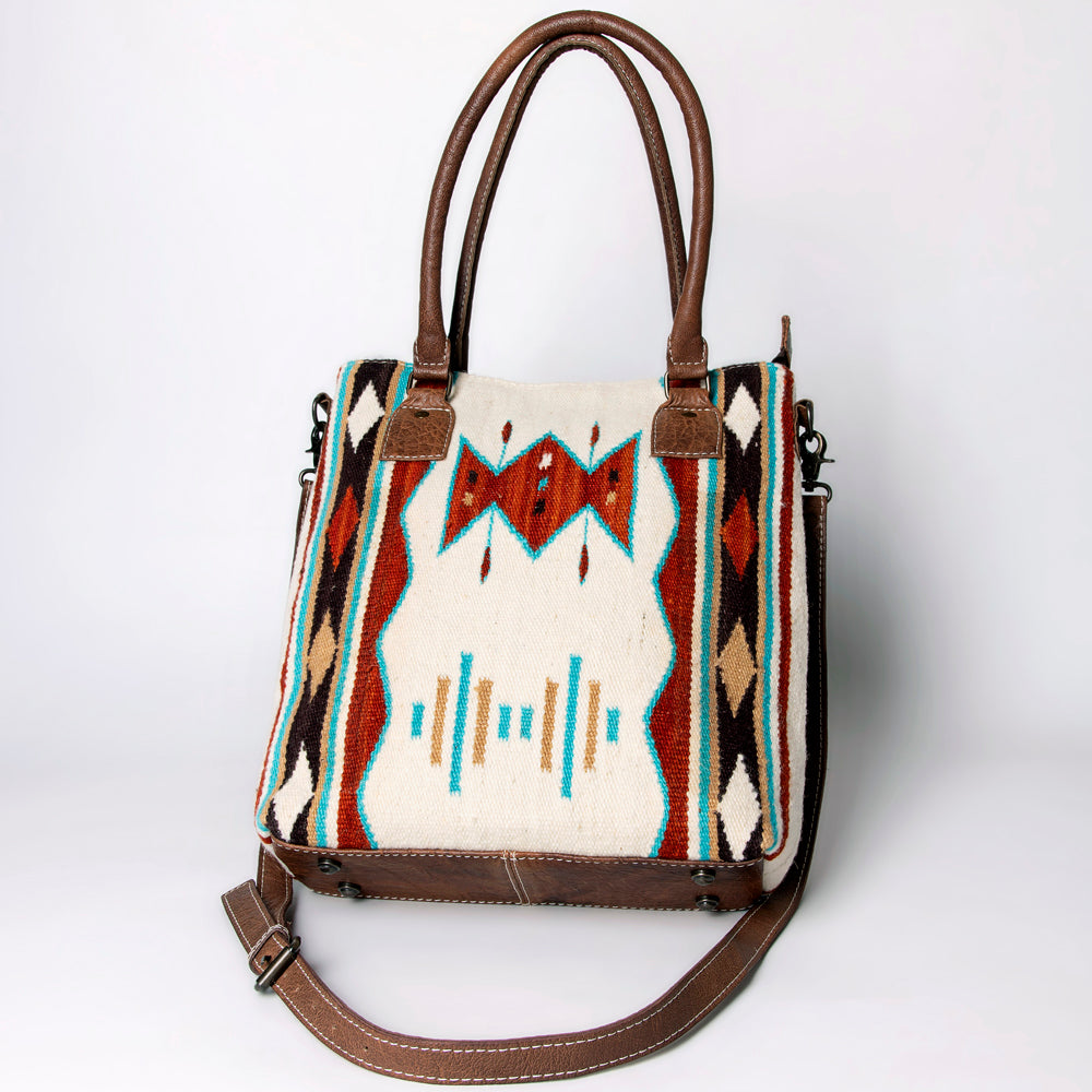 American Darling Saddle Blanket Tote Bag – Handwoven Wool Western Tote with Genuine Leather Handles & Spacious Interior