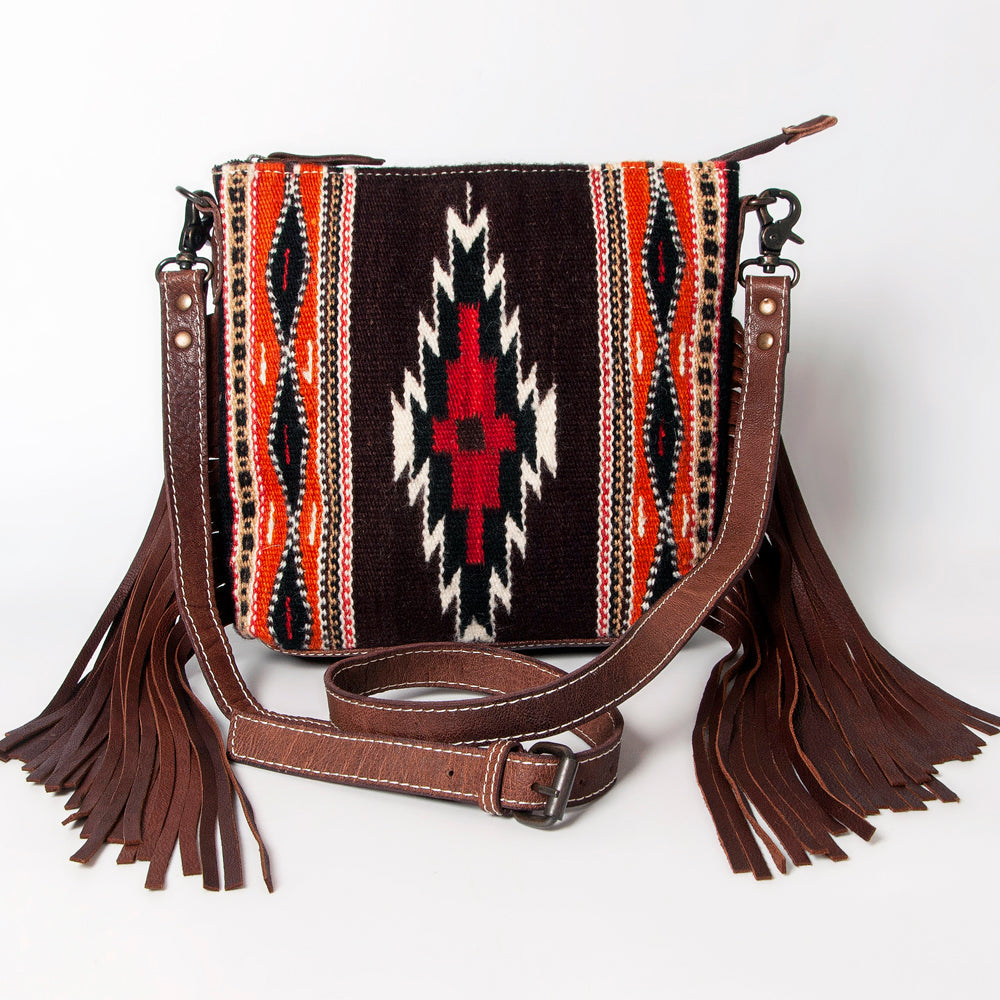 American Darling Western Crossbody Bag – Handwoven Saddle Blanket with Genuine Leather and Fringes, Compact Everyday Purse