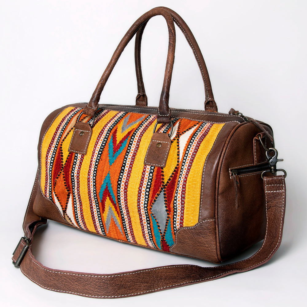 American Darling Western Duffle Bag – Handwoven Saddle Blanket with Genuine Leather Trim, Spacious Travel and Weekend Tote