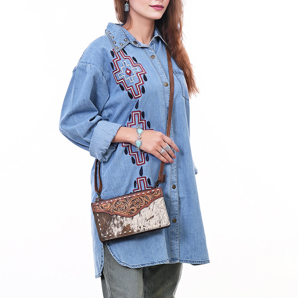 American Darling Hair-On Cowhide & Hand-Tooled Leather Small Crossbody Bag – Genuine Leather Western Purse with Adjustable Strap, Handmade in Texas