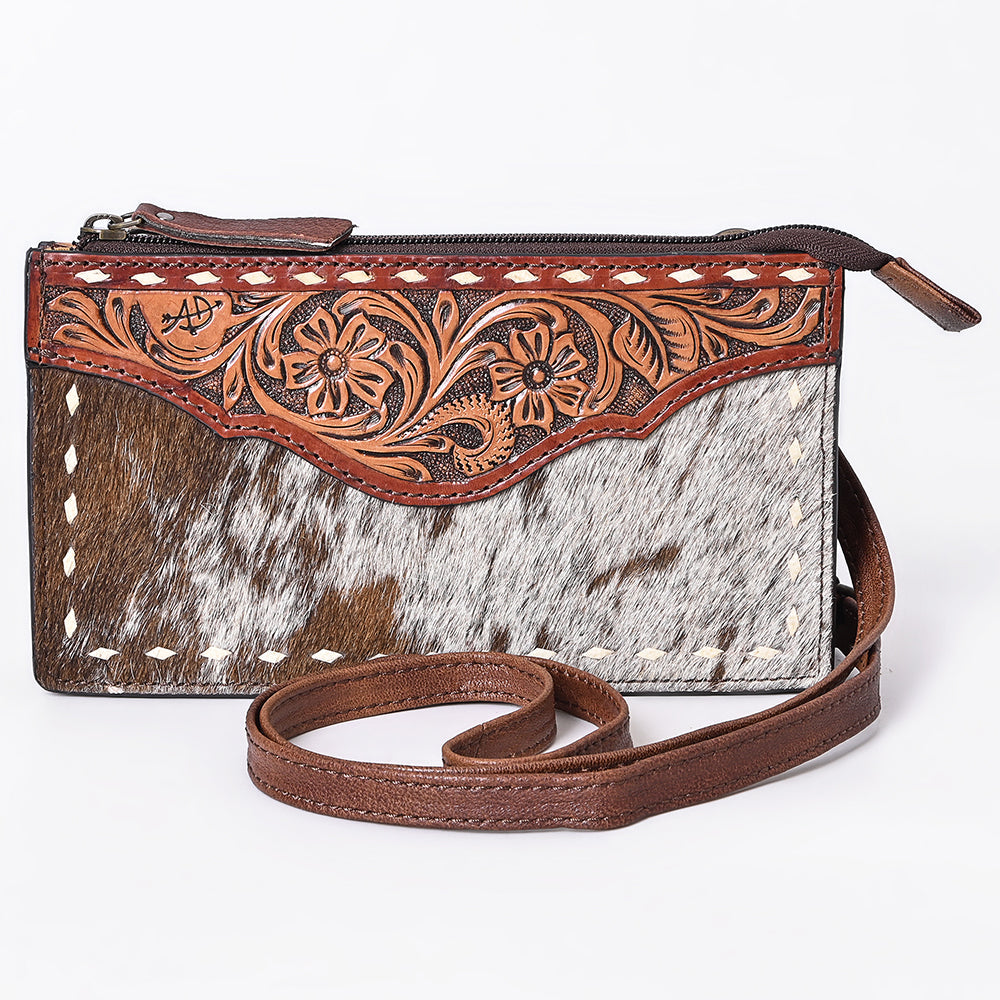 American Darling Hair-On Cowhide & Hand-Tooled Leather Small Crossbody Bag – Genuine Leather Western Purse with Adjustable Strap, Handmade in Texas
