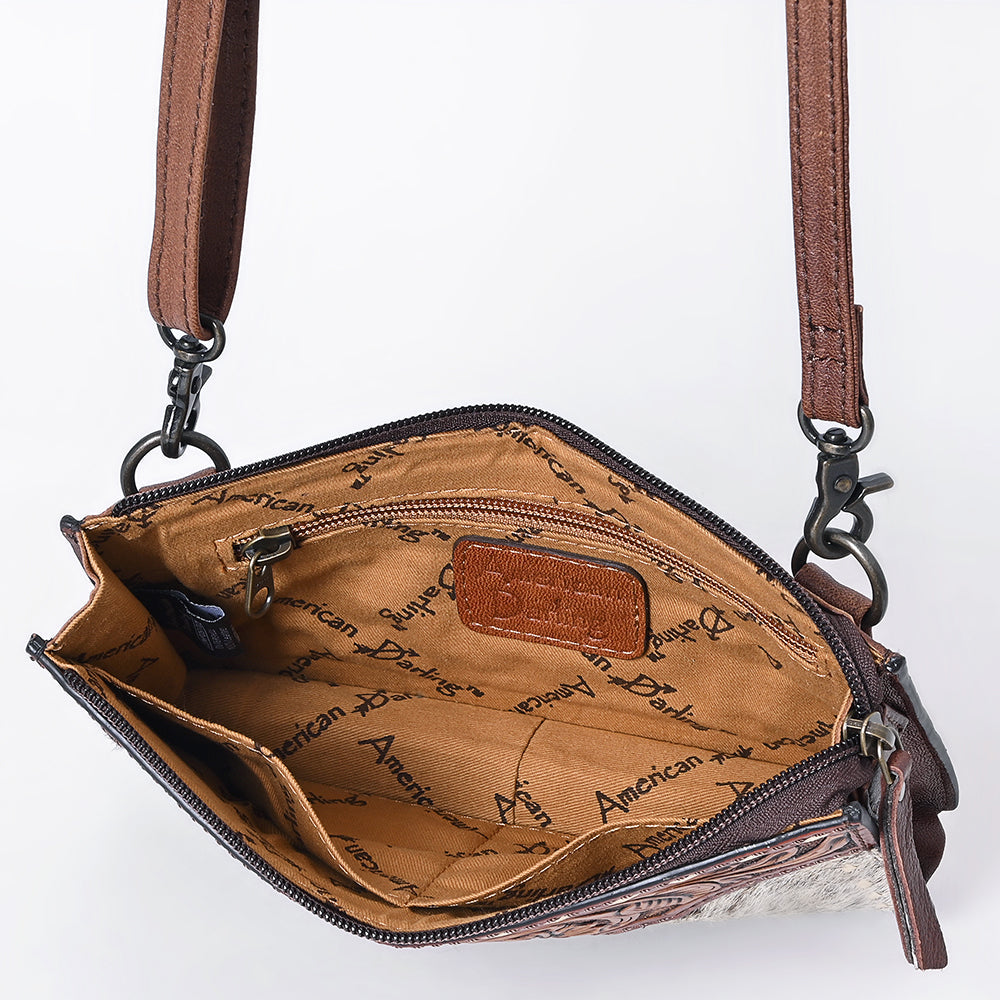 American Darling Hair-On Cowhide & Hand-Tooled Leather Small Crossbody Bag – Genuine Leather Western Purse with Adjustable Strap, Handmade in Texas