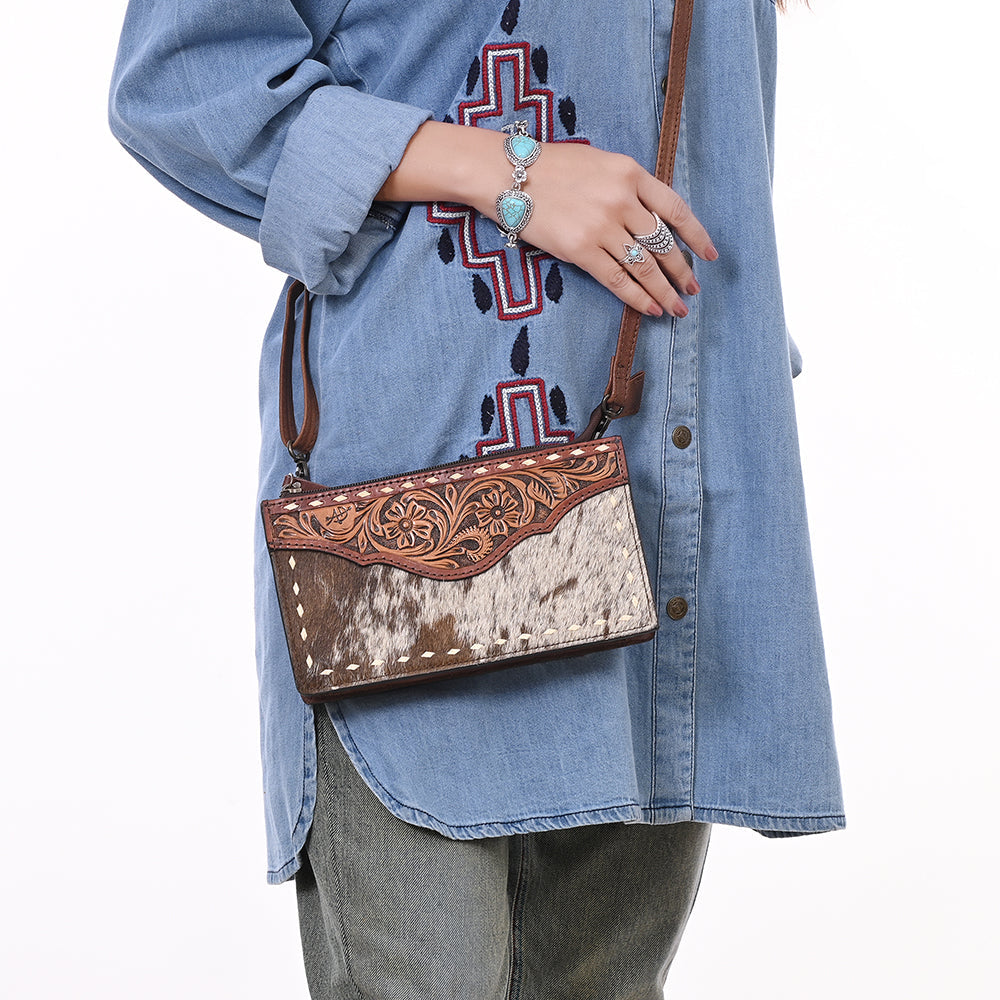 American Darling Hair-On Cowhide & Hand-Tooled Leather Small Crossbody Bag – Genuine Leather Western Purse with Adjustable Strap, Handmade in Texas