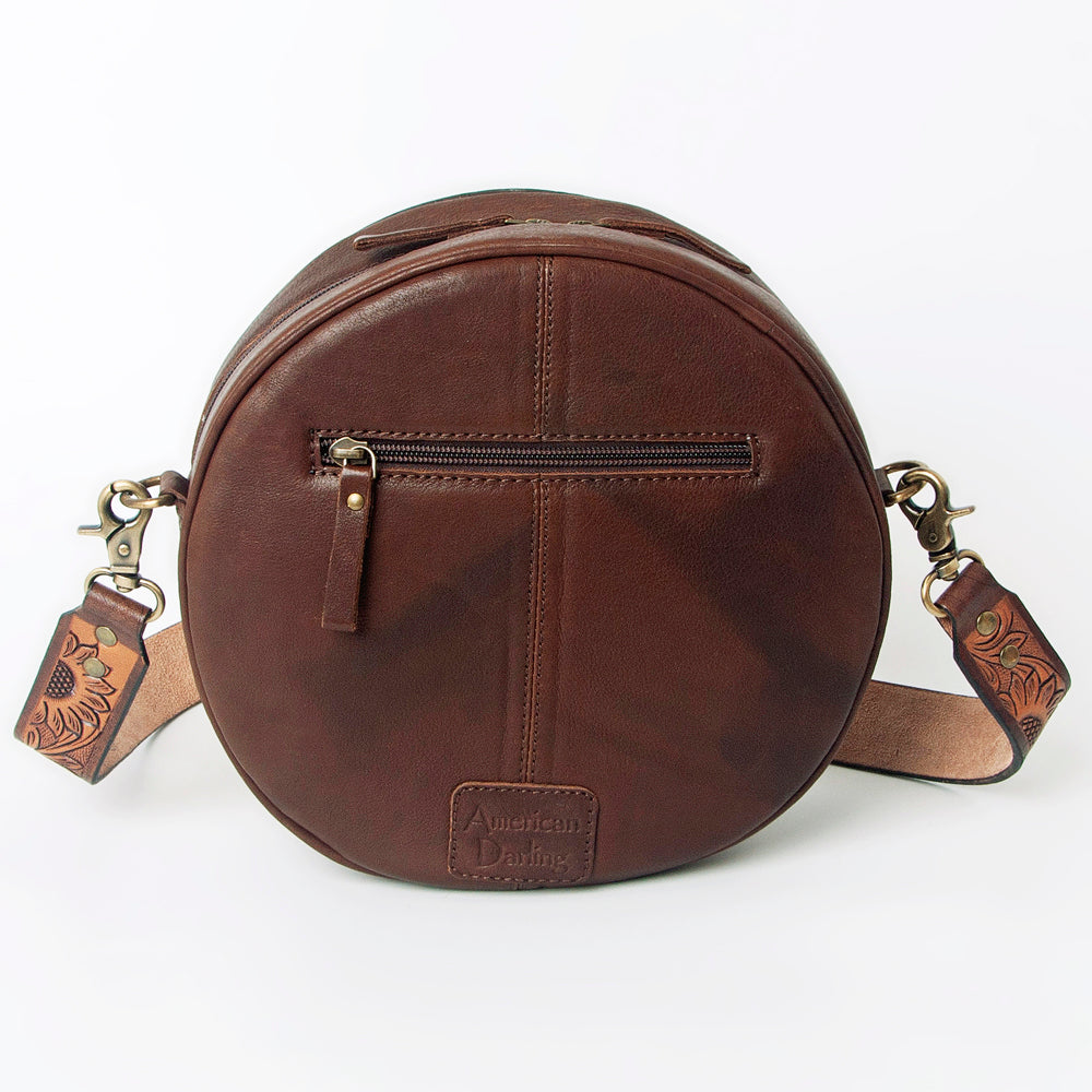 American Darling Canteen Bag for Women - Hand Tooled Floral Carved Genuine Leather Round Crossbody with YKK Zipper