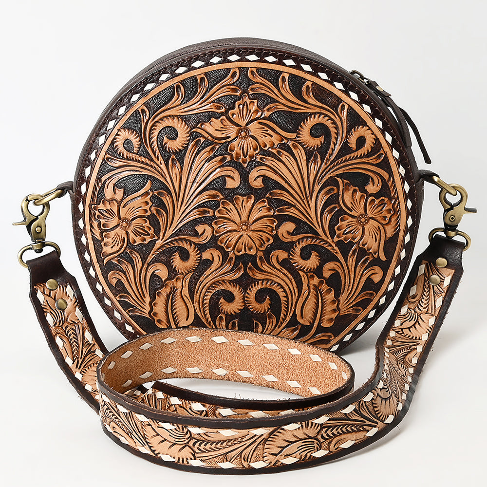 American Darling Canteen Bag for Women - Buck Stitched, Hand Tooled Floral Carved Genuine Leather Round Crossbody
