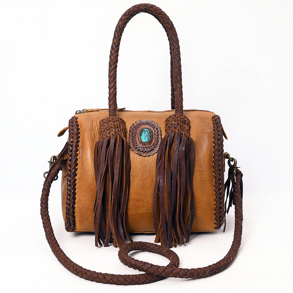 American Darling Speedy Bag Western Genuine Leather Handcrafted Purse with Fringes, Braided Handles and Turquoise Stone