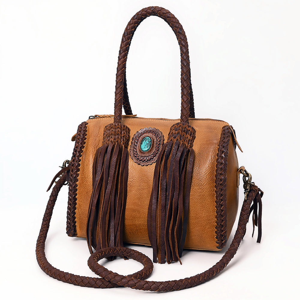 American Darling Speedy Bag Western Genuine Leather Handcrafted Purse with Fringes, Braided Handles and Turquoise Stone