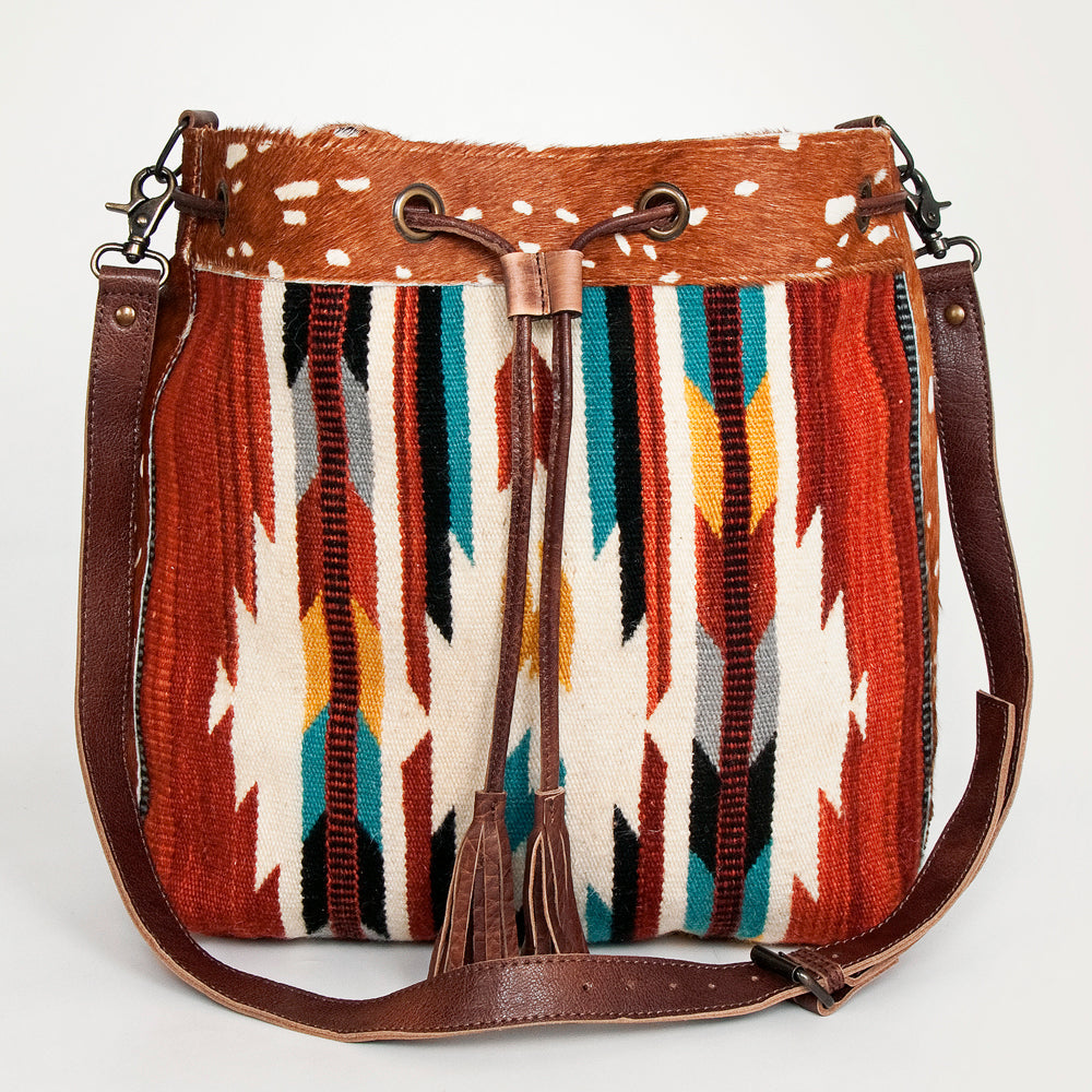 American Darling Bucket Bag Hand Woven Saddle Blanket Hair-On Cowhide Genuine Leather Western Purse with YKK Zipper