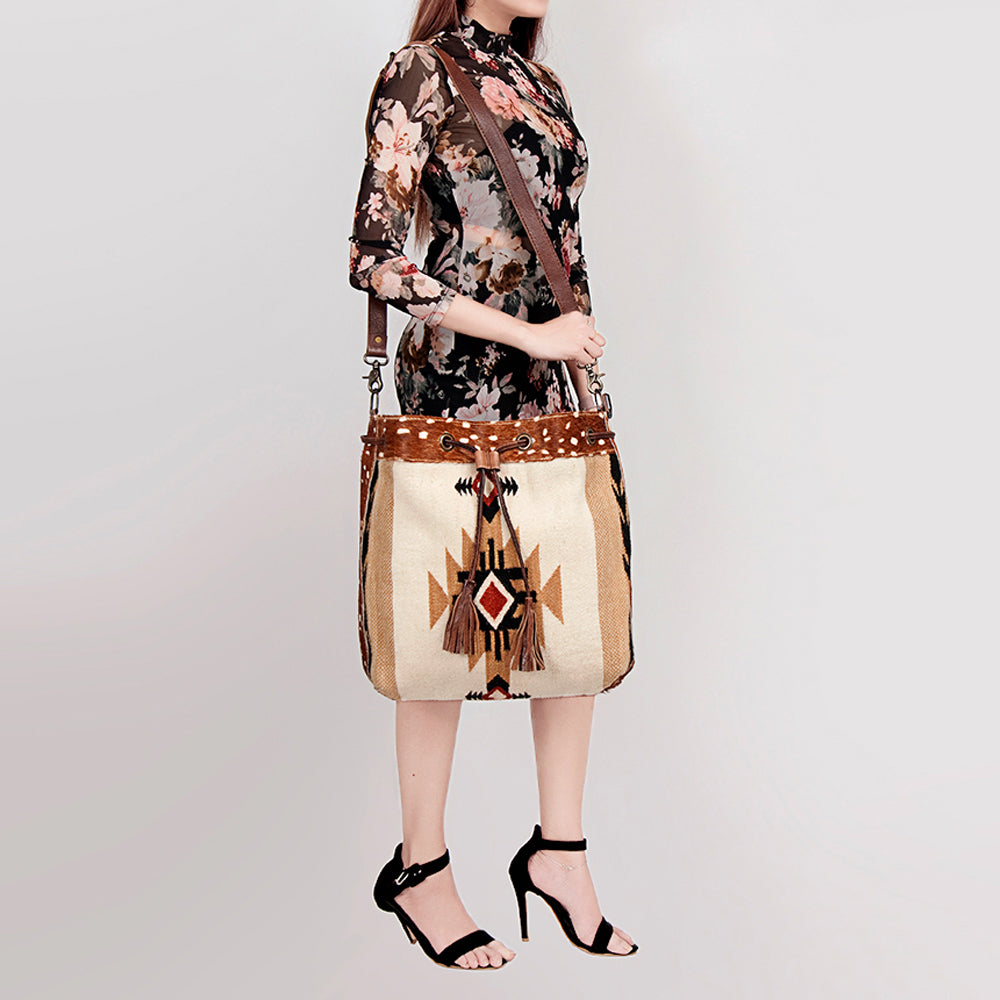 American Darling Bucket Bag Hand Woven Saddle Blanket Hair-On Cowhide Genuine Leather Western Purse with YKK Zipper