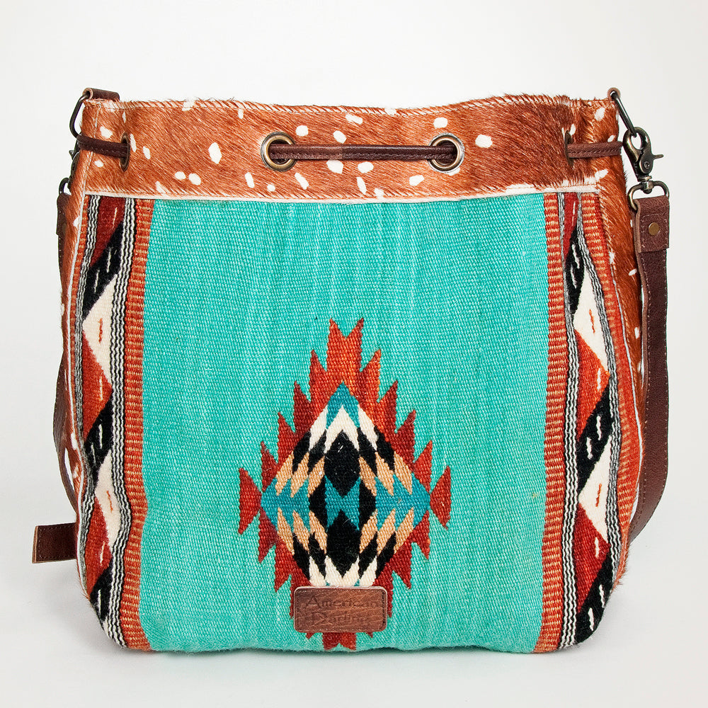 American Darling Bucket Bag Hand Woven Saddle Blanket Hair-On Cowhide Genuine Leather Western Purse with YKK Zipper