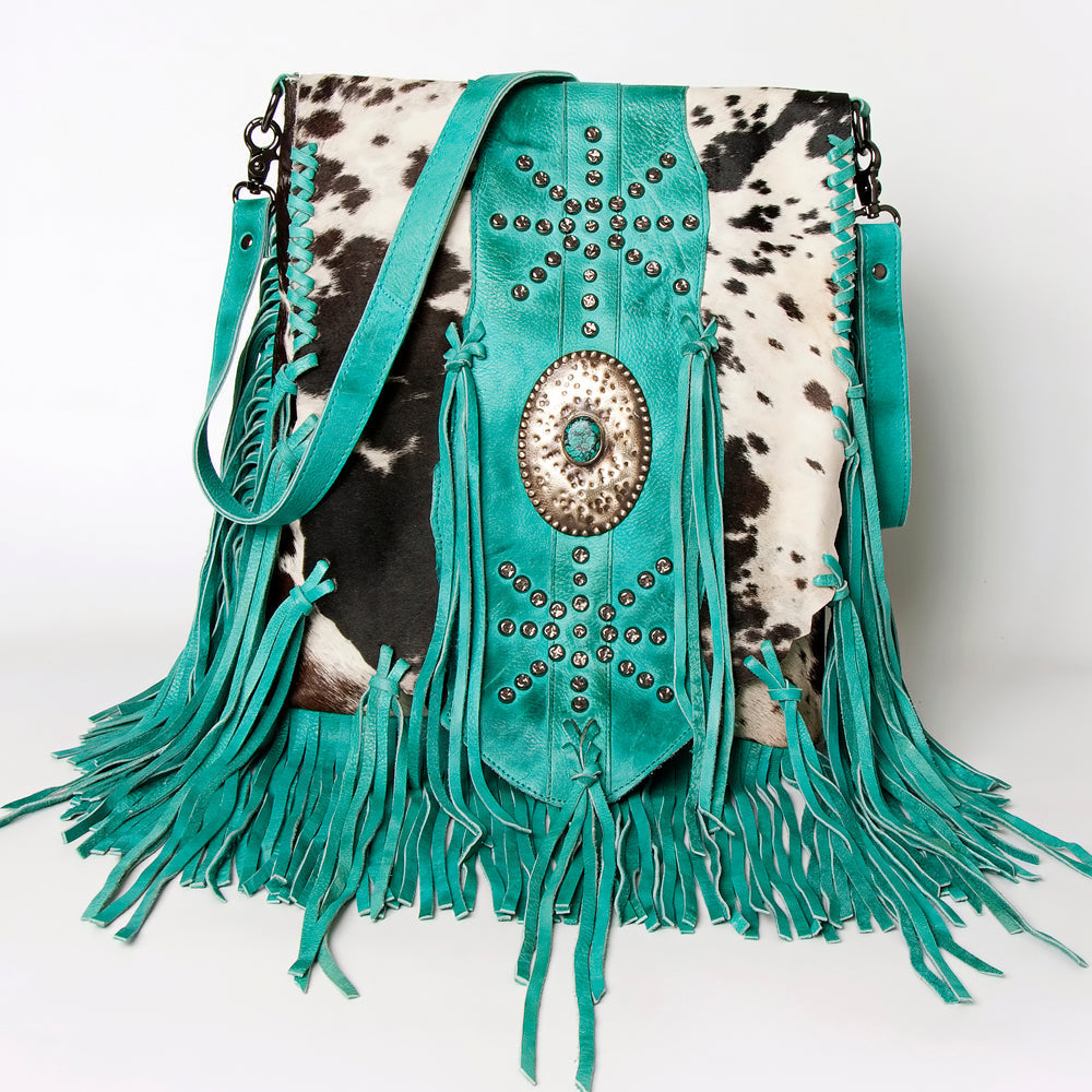 American Darling Messenger Bag Western Hair-On Cowhide Genuine Leather Handcrafted Purse with Fringes and Turquoise Stone