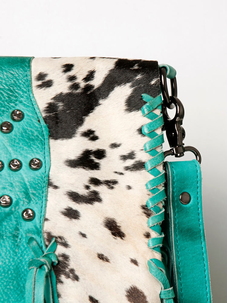 American Darling Messenger Bag Western Hair-On Cowhide Genuine Leather Handcrafted Purse with Fringes and Turquoise Stone