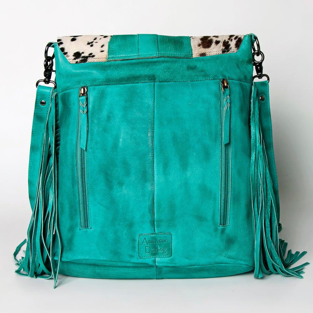 American Darling Messenger Bag Western Hair-On Cowhide Genuine Leather Handcrafted Purse with Fringes and Turquoise Stone