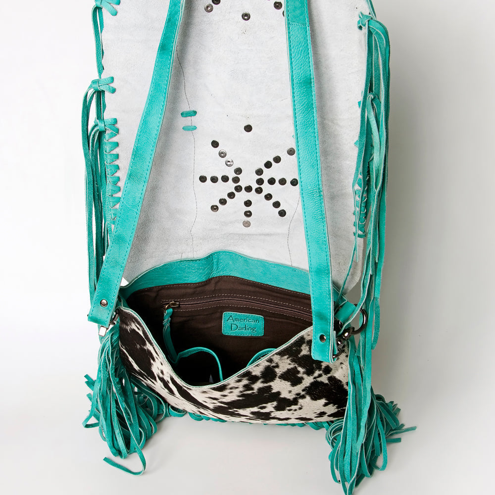 American Darling Messenger Bag Western Hair-On Cowhide Genuine Leather Handcrafted Purse with Fringes and Turquoise Stone