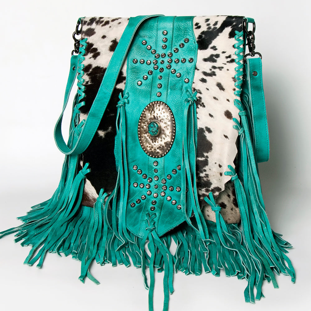 American Darling Messenger Bag Western Hair-On Cowhide Genuine Leather Handcrafted Purse with Fringes and Turquoise Stone