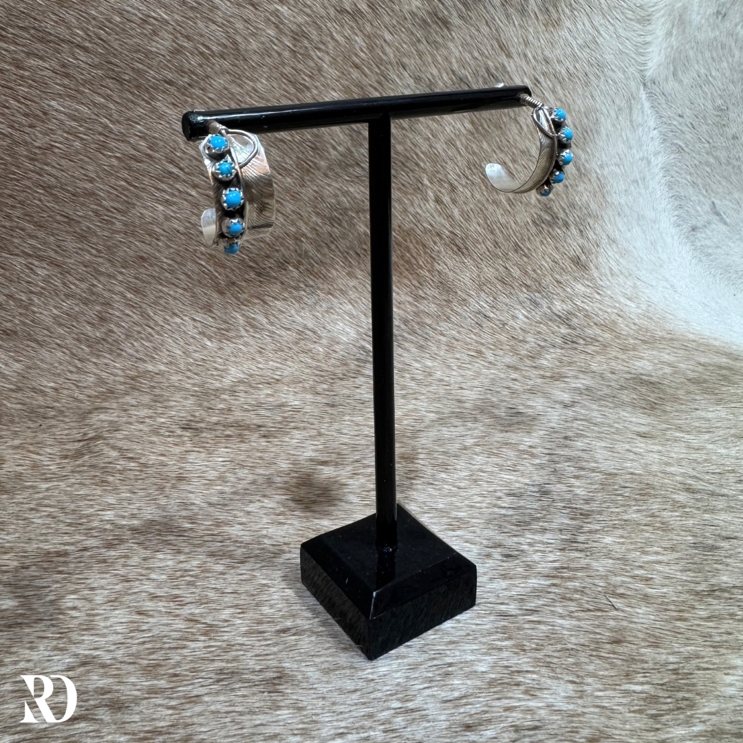 Small Feathered Hoop With Kingman Turquoise Earrings By Chester Charley — view 2