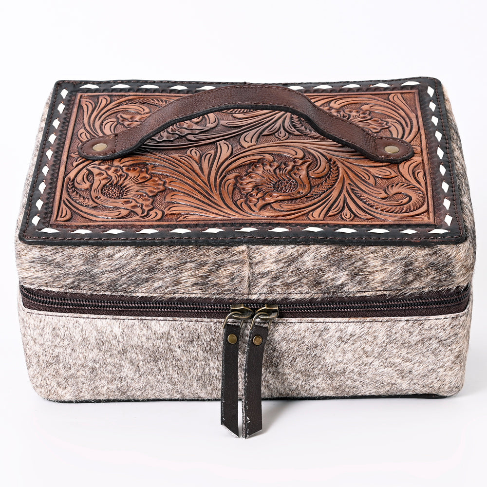 American Darling Jewelry Case for Women - Hand Tooled Floral Carved Leather, Hair-On Cowhide & Buck Stitched Organizer
