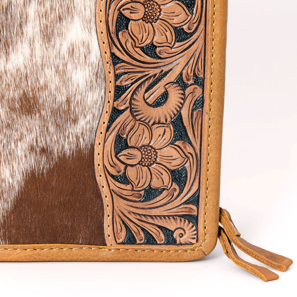 American Darling Jewelry Case for Women - Hair-On Cowhide, Hand Tooled Floral Carved Genuine Leather Travel Organizer