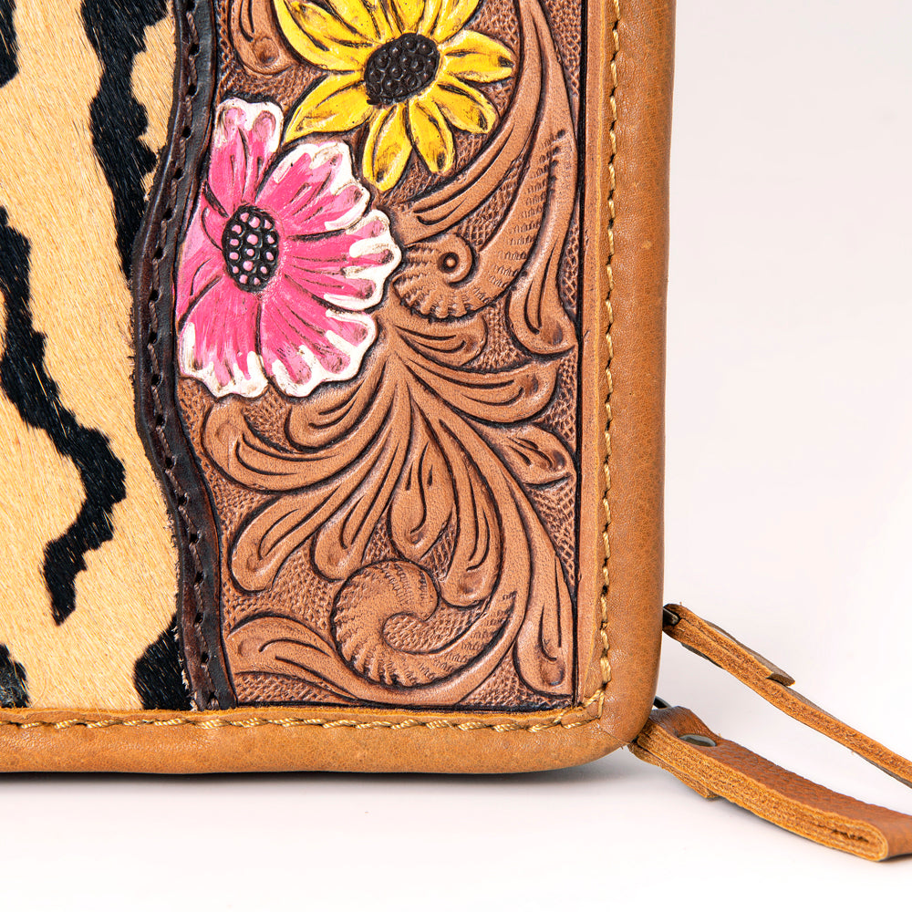 American Darling Jewelry Case for Women - Hair-On Cowhide, Hand Tooled Floral Carved Genuine Leather Travel Organizer