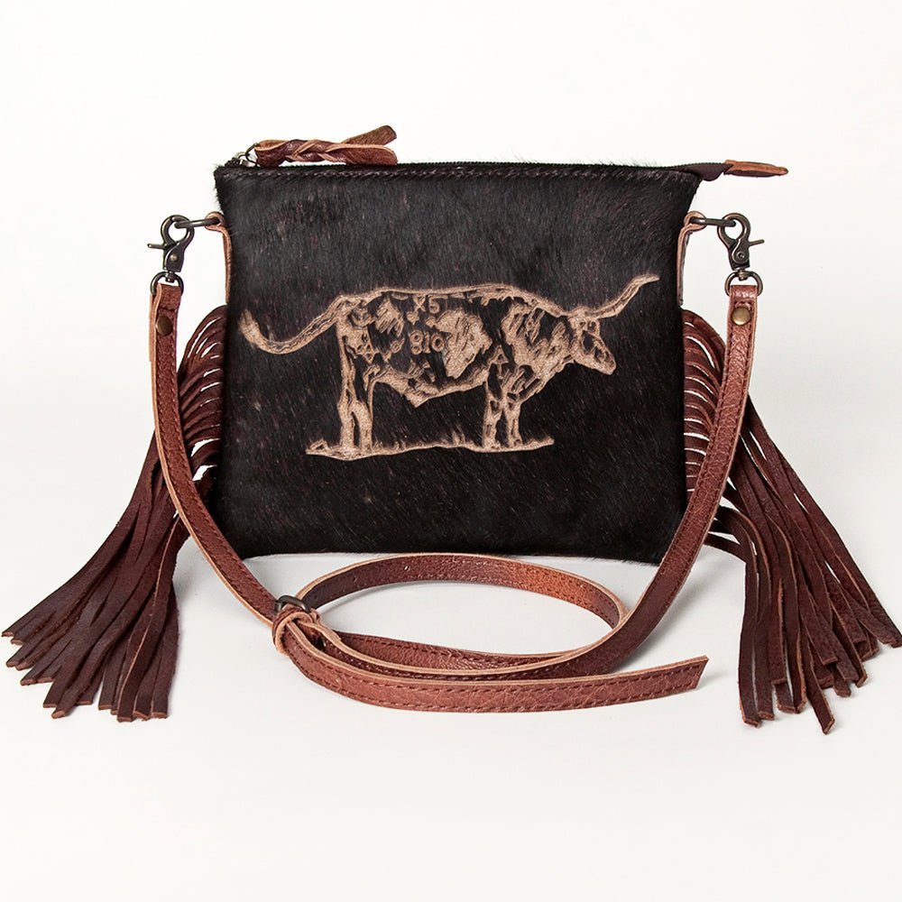 American Darling Western Small Crossbody Bag – Genuine Hair-On Cowhide Leather with Fringes, Adjustable Strap, Handcrafted in Texas