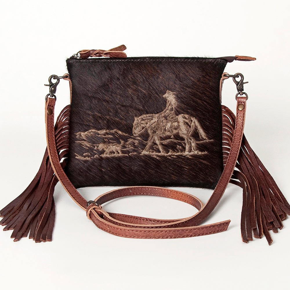 American Darling Western Small Crossbody Bag – Genuine Hair-On Cowhide Leather with Fringes, Adjustable Strap, Handcrafted in Texas