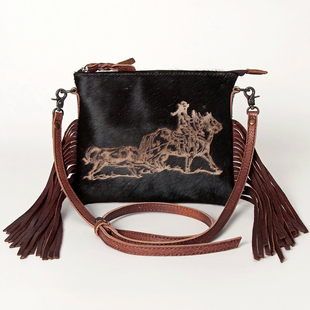 American Darling Western Small Crossbody Bag – Genuine Hair-On Cowhide Leather with Fringes, Adjustable Strap, Handcrafted in Texas