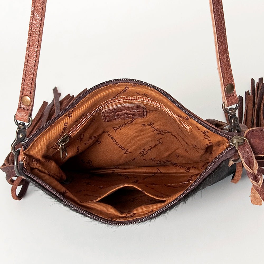 American Darling Western Small Crossbody Bag – Genuine Hair-On Cowhide Leather with Fringes, Adjustable Strap, Handcrafted in Texas